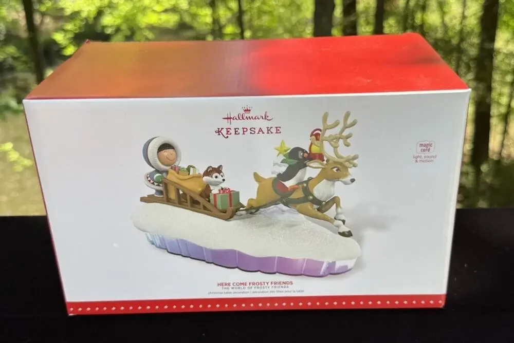 New Hallmark Here Come Frosty Friends Sled Reindeer Magic Cord Table Decor 46D